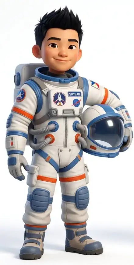 Skylar in his blue and white space suit
